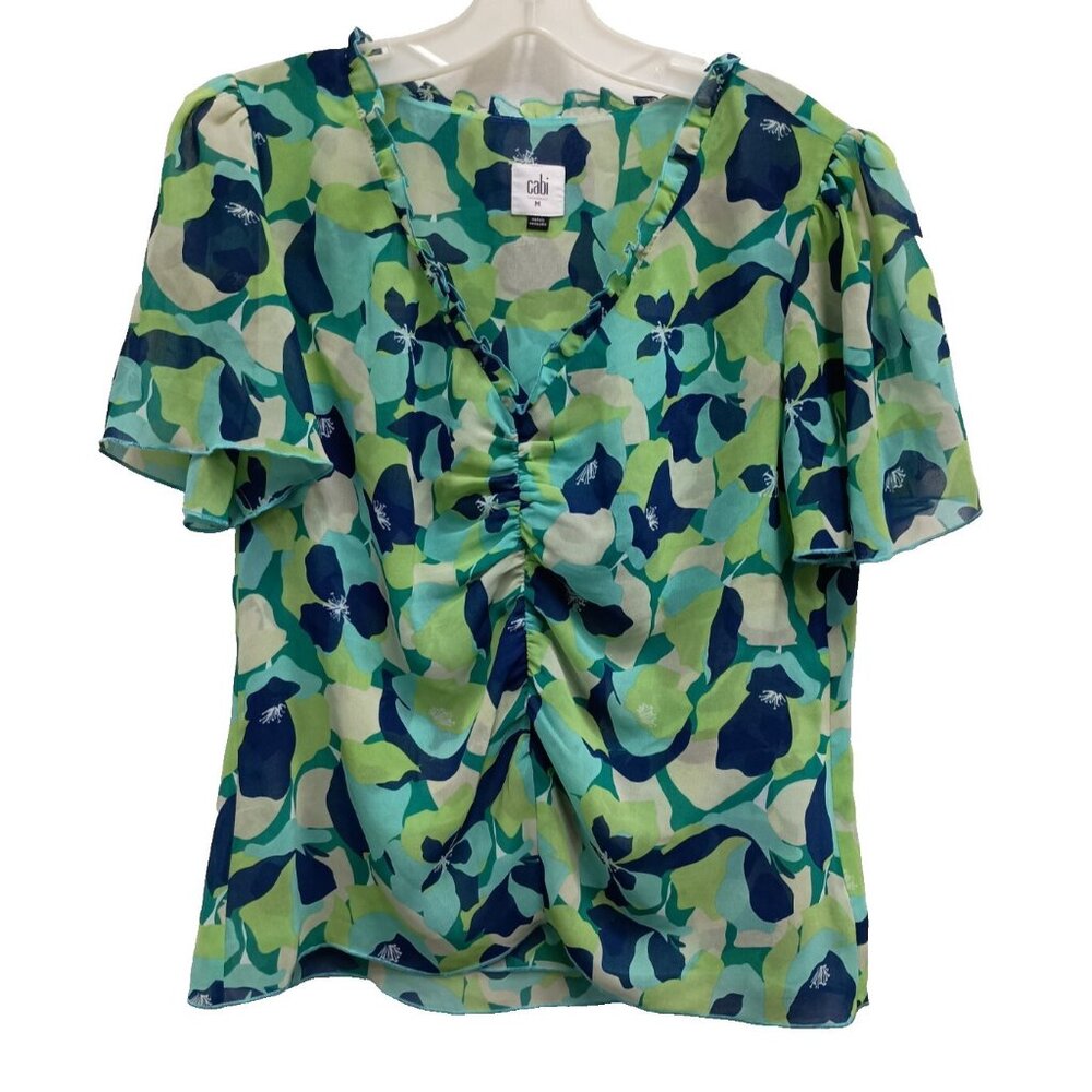 CAbi Womens Trixie Blouse Top‎ Medium Green Multi Print Short Sleeve Fairy 6087